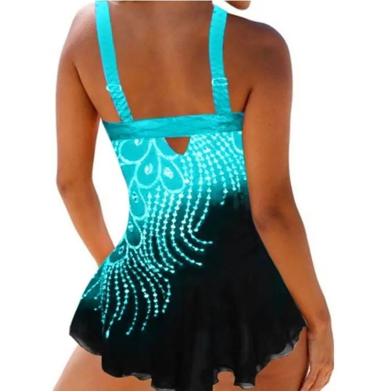 

Plus Size S-8XL Women Summer Tankini Set Feather Print Padded Swimwear Halter Two Piece Swimsuit High Waist Monokini Beachwear