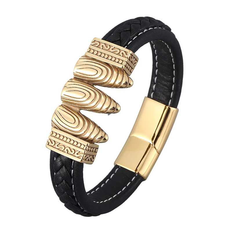 

Trendy Men Jewelry Bullet Shape Gold Stainless Steel Magnet Clasp Black Leather Bracelet Wristband Punk Male Best Gifts SP0912