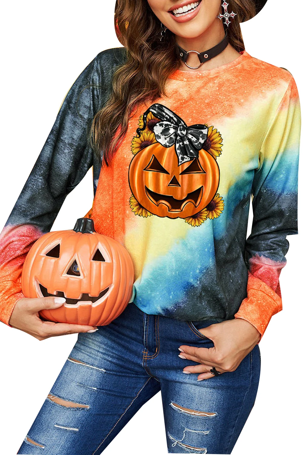 

2021 Autumn Hoodies Long Sleeve Tie-dyed Pumpkin Halloween Print Graphic Women Sweatshirt Pullovers Ladies Casual O Neck Tops
