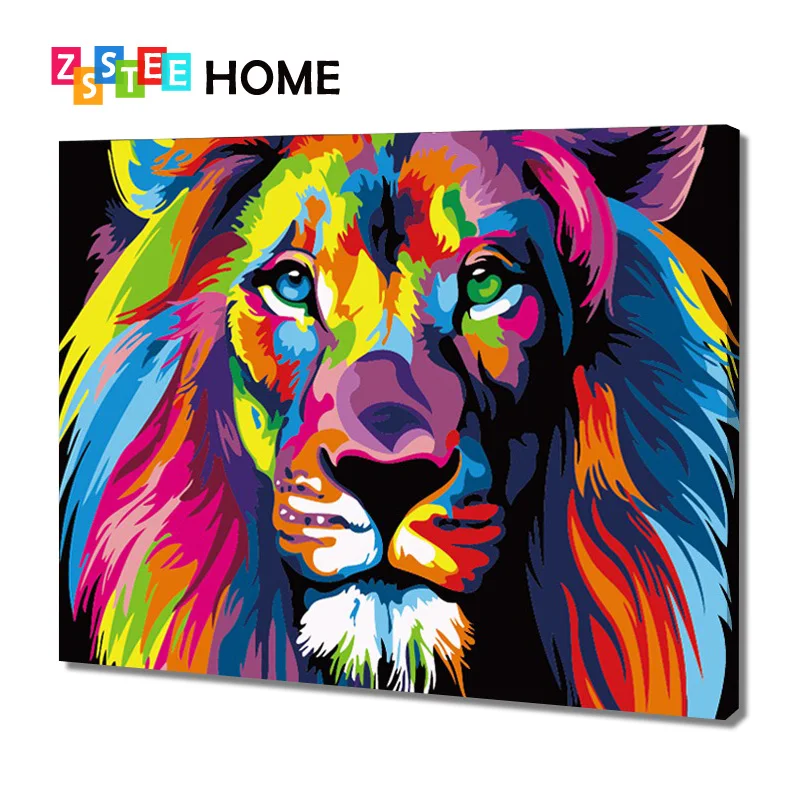 Бескаркасные Красочные животные льва Абстрактная живопись Diy цифровая картина