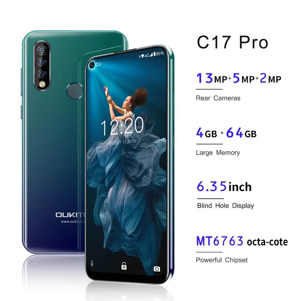 OUKITEL C17 Pro 4G мобильный телефон Тройная задняя камера 6,3" 4 Гб 64 Гб восьмиядерный смартфон 3900 мАч Android 9,0 разблокировка лица сотовый телефон