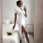 Lusofie белый Cheongsam Разделение китайское платье Стиль узкие длинное платье на пуговицах, Для женщин с отложным воротником Разделение сексуальное платье миди 2021