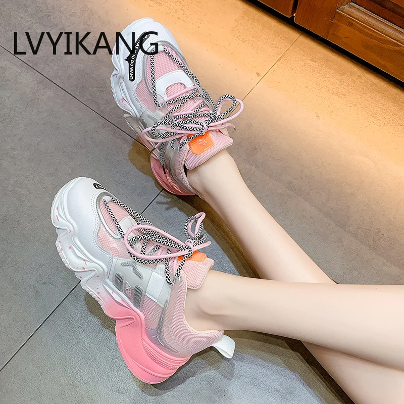 Sneakers Fashion Women Shoes Blue Orange Mesh Casual Woman Trainers Lace-Up Platform Vulcanize | Обувь