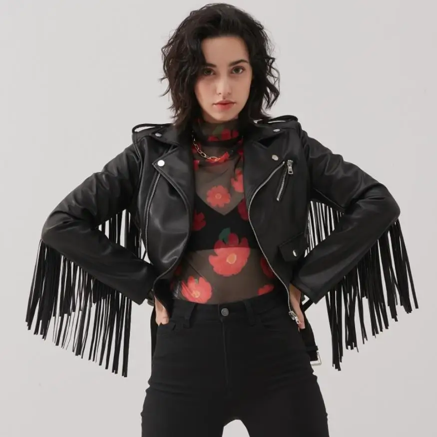 New Tassel Stitching Pu Leather Jackets Coats Women Short Was Thin Leather Jacket Punk Rock Cropped Jackets With Belt F2086