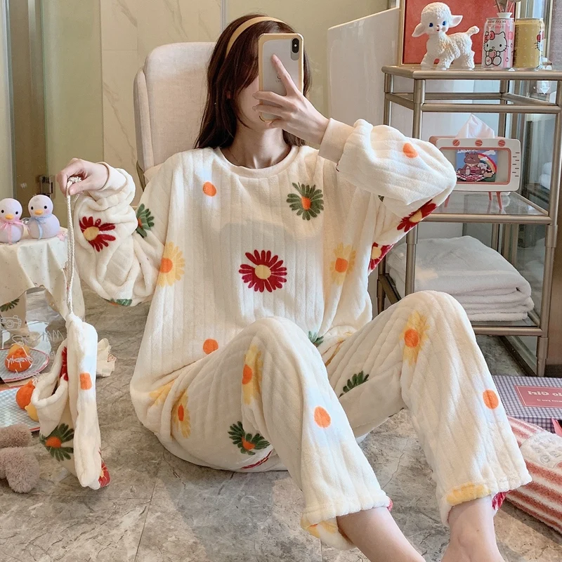 

Зимние женские фланелевые пижамные комплекты с длинным рукавом