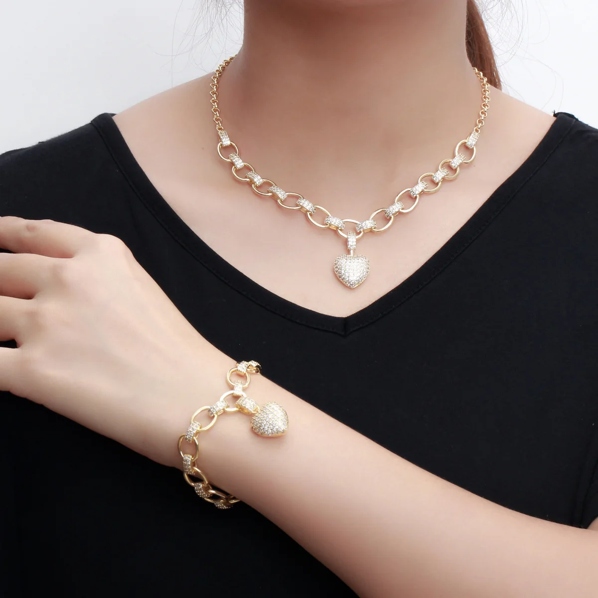 CWWZircons 585 Gold Color Cubic Zirconia Dangle Love Heart Shape Charm Bracelet Pendant Necklace Women Costume Jewelry Set T468 | Украшения