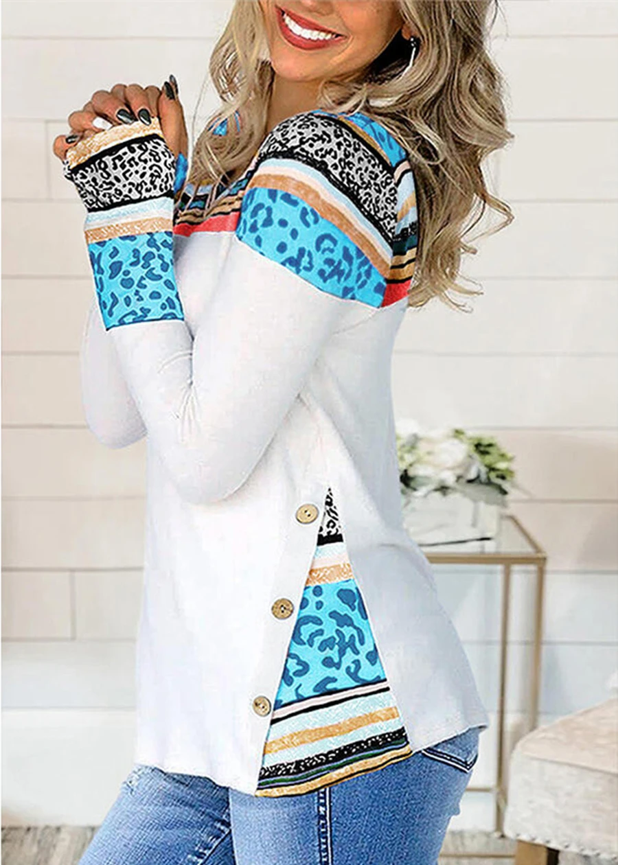 

V Neck Stripe Leoaprd T-shirt Long Sleeve Tops Tee Women Casual Autumn New Tee Shirts Women Clothes 2021 Patchwork Print Top