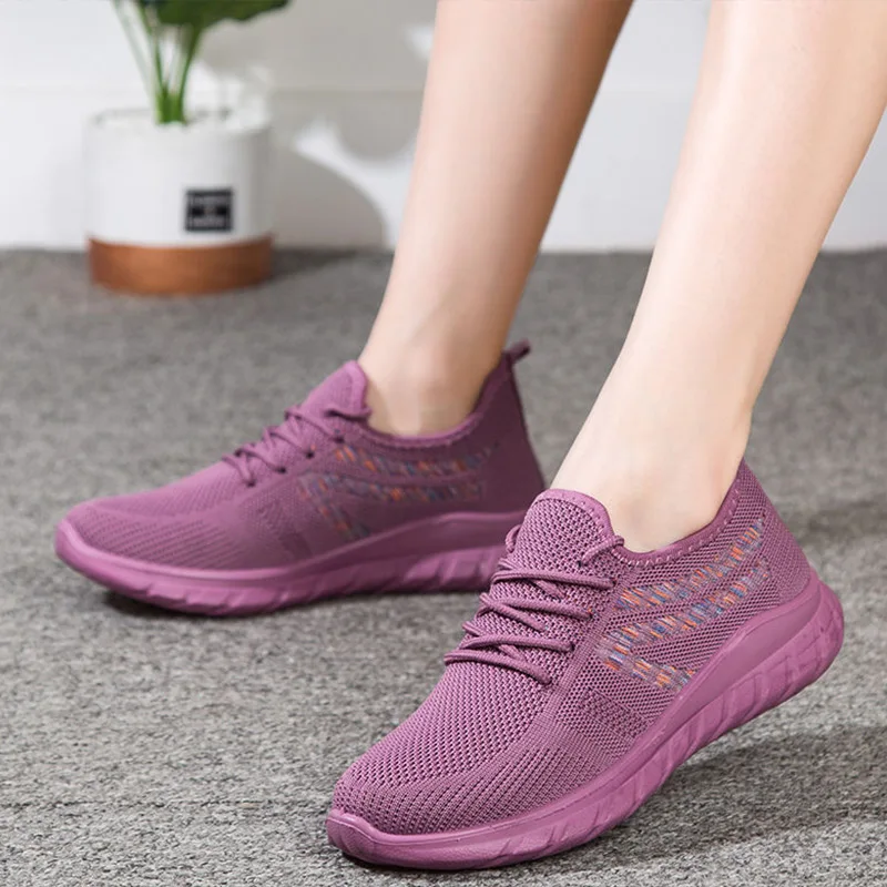

Women's Sneakers Knitting Shoes Breathable Mesh Spring Woman Lace Up Platform Ladies Soft Bottom Comfort Female Shallow 2021