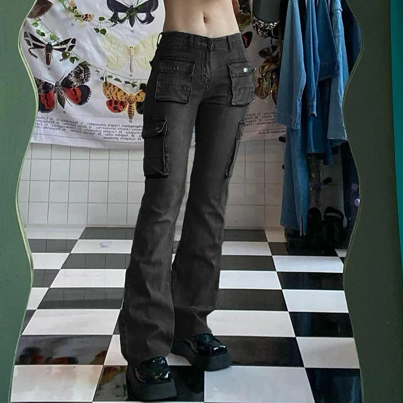 Women Cargo Trousers Jean High Waist Flare Pants Y2k Stretch Denim Jeans Vintage Streetwear Aesthetic Grunge 2022 Femme Clothing