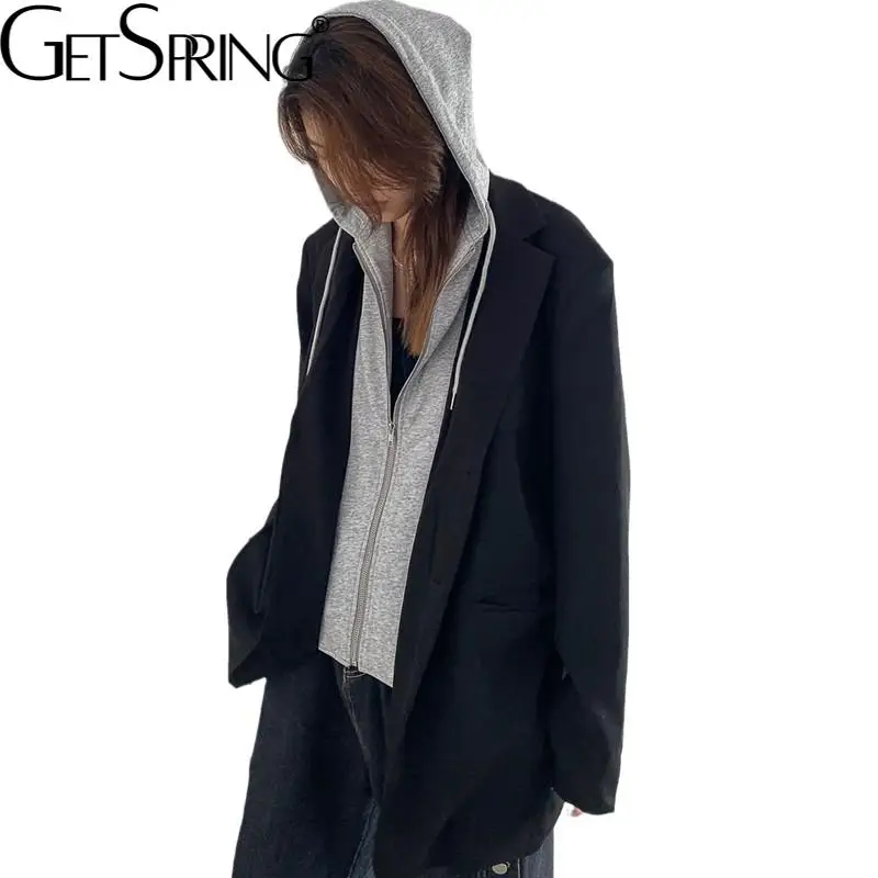 

Getspring Women Blazer Fake Two Hooded Patchwork Fashion Blazers And Jackets Asymmetry Color matching Suit Coats 2021 Fashion