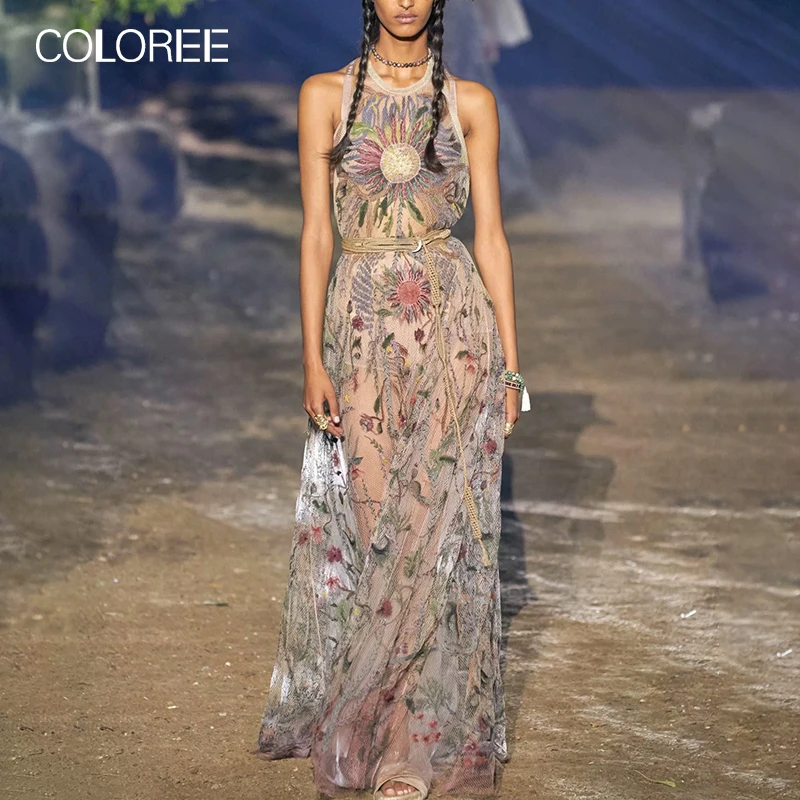 Picture Color COLOREE, весна-осень, женское платье, элегантное, подиум, дизайнерское, Круглый ворот, без рукавов, с вышивкой, длинное платье для женщин - Цвет: Picture Color