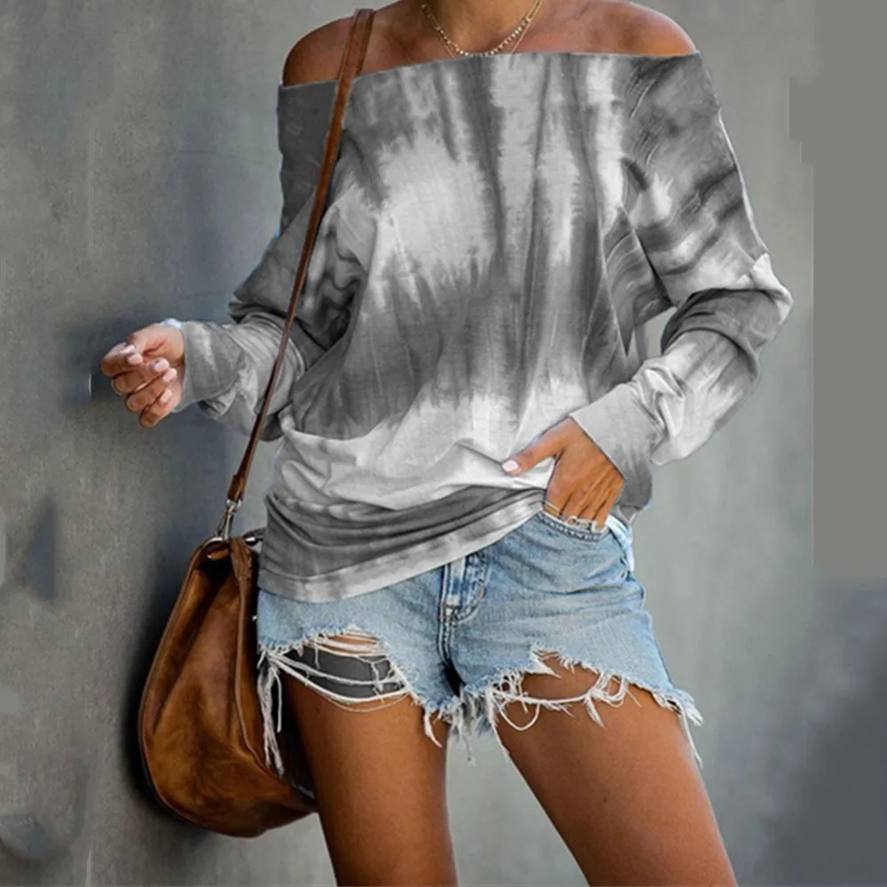 

Autumn Long Sleeve Off Shoulder T-shirts Women Fashion Tie Dye Printed Ladies Tee Tops Women Sexy Slash Neck Casual Basic Tshirt