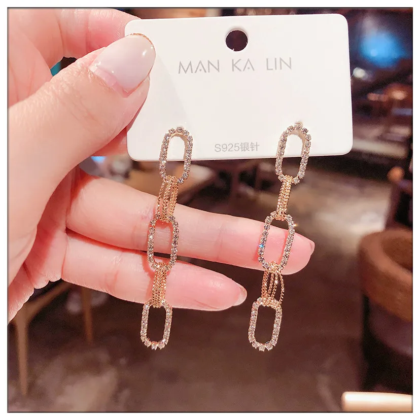 

S925 Silver Needle Earrings Golden earrings Long earrings set with diamond Popular earrings Women's Earrings