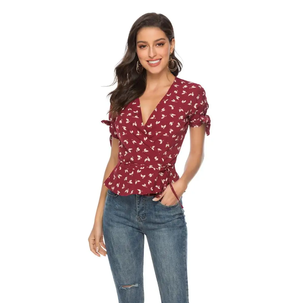 

2020 New Women's Blouse Blouse Autumn Elegant Long Sleeve Print V-neck Chiffon Dot Ruffled Sleeve Blouse Blouse