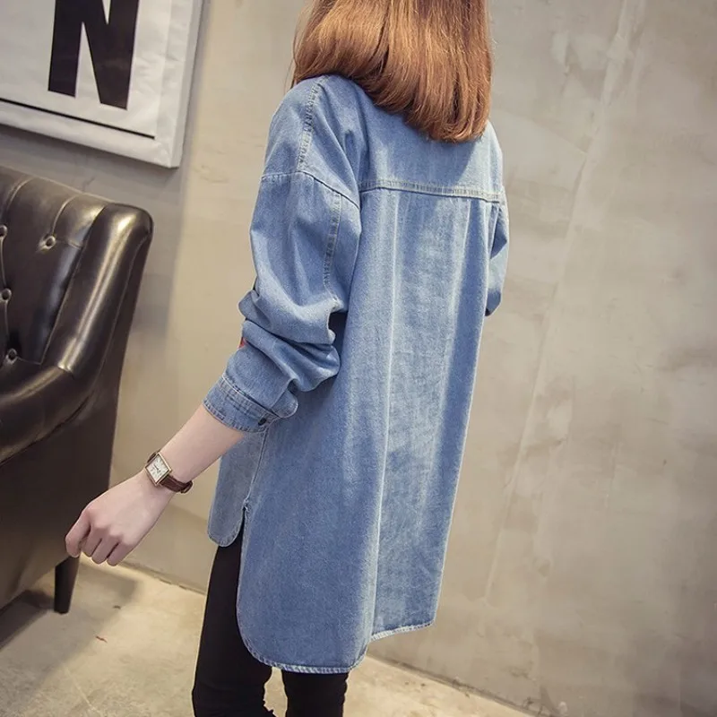 Весна 2020 новинка Женская длинная джинсовая рубашка готический стиль с принтом