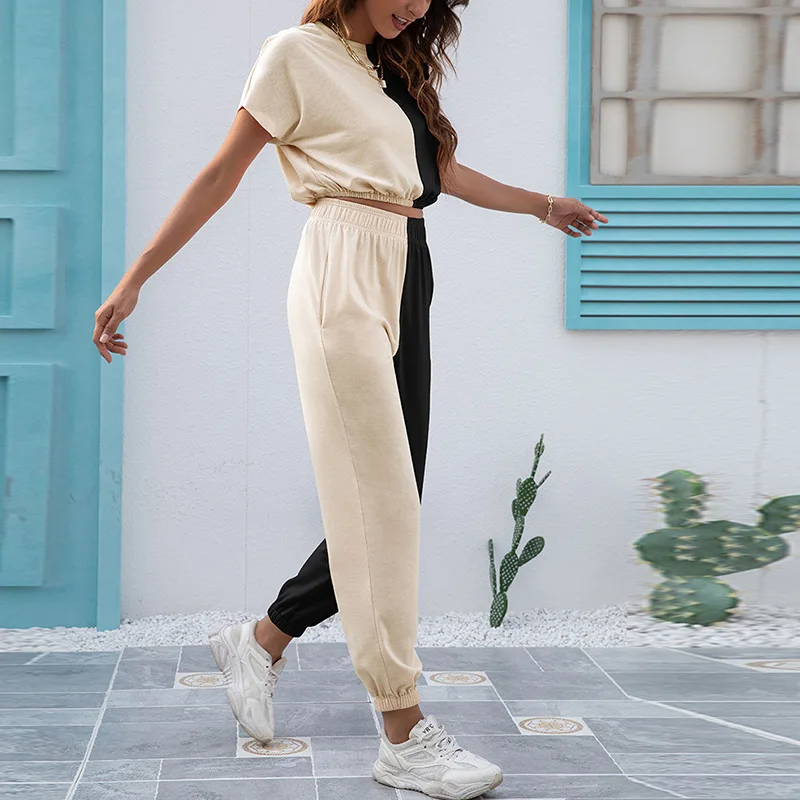 

Casual Women Panelled Sweatshirt Joggers Sets Female O-neck Short Sleevee Top Elastic Waist Sweatpants Suits Lady Tracksuit Set