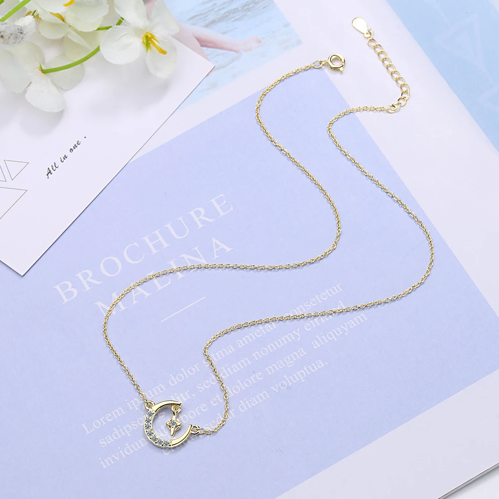 925 Sterling Silver Moon Stars Charm Pendant Necklace for Women Fashion Choker collier Lady | Украшения и аксессуары
