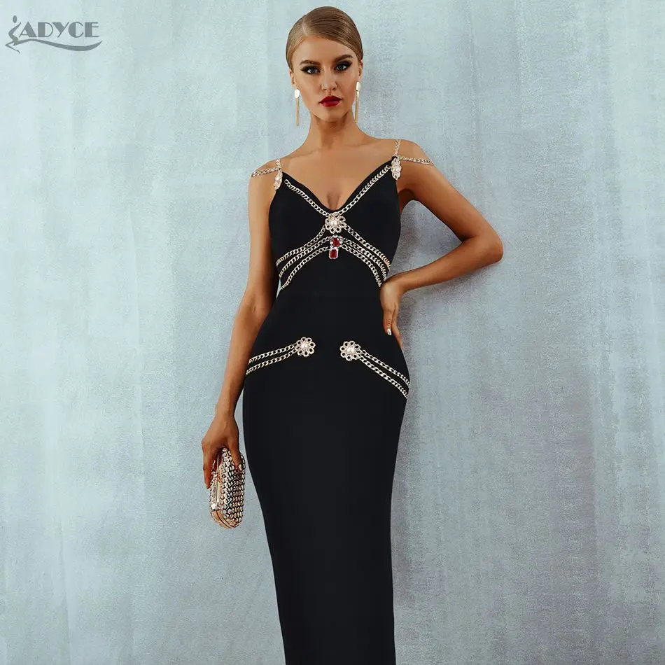 Женское вечернее платье ADYCE черное облегающее макси на тонких бретелях вечерние V