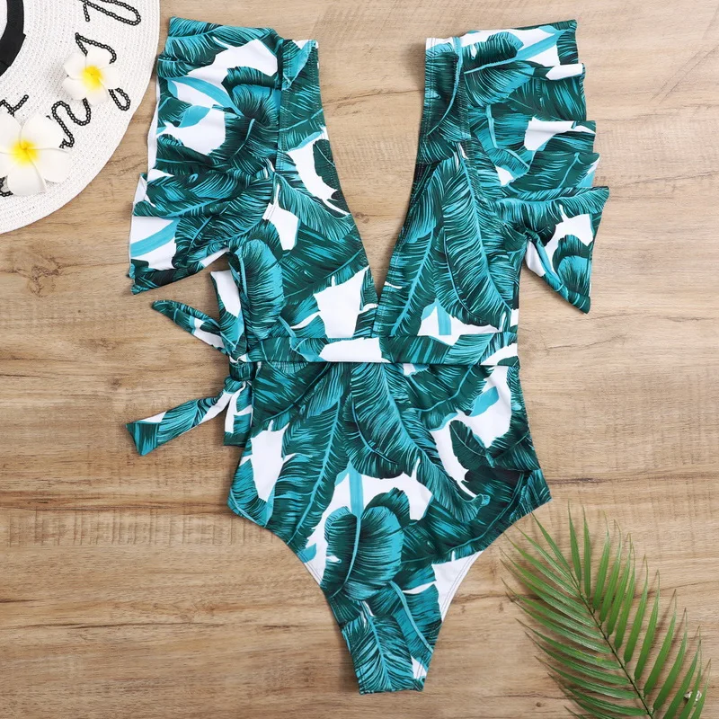 

2021 New One Piece Swimsuit Women V Neck Digital Print Swimwear Women Push Up Ruffle Bathing Suit Monokini Fashion Swim Suit