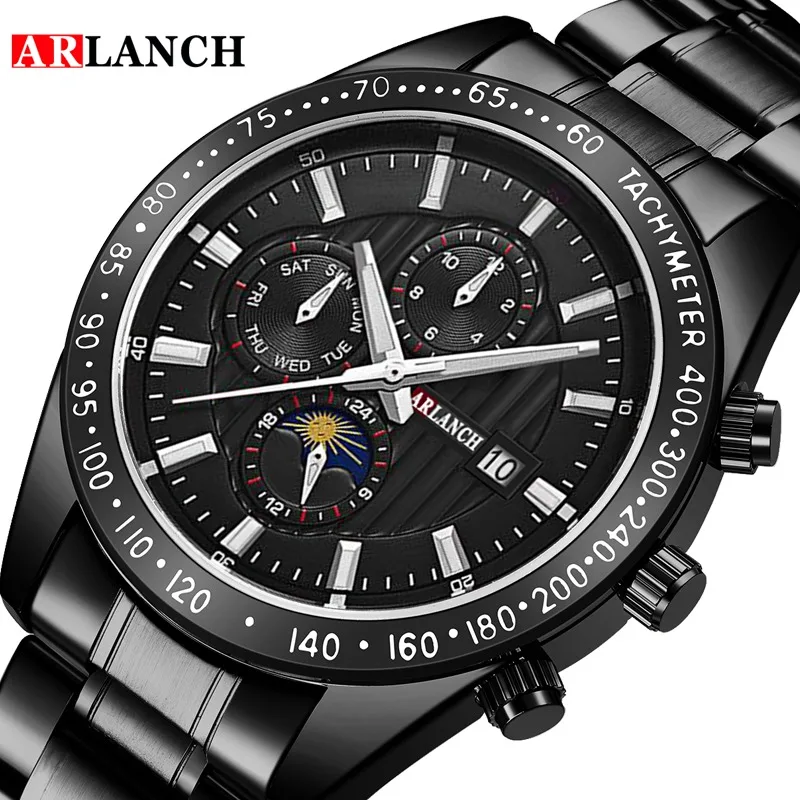 Luxury Men's Business Watches Fashion All Black Waterproof Dial Multi-function Calendar Stainless Steel Band Quart Wristwatch