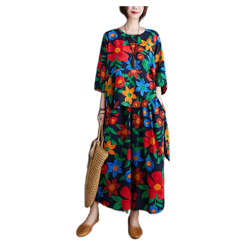 

Plus Size Sets Suit Women Clothing Vinatge Print Floral Elegant Lady Tops Shirt Cotton Loose Long Pants Female Sets Suit 2021