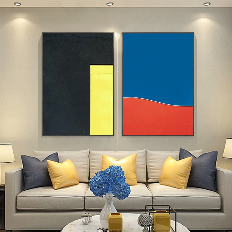 

Modern Multicolored Blue Orange Abstract Geometric Wall Art Canvas Painting Picture Poster and Print For Living Room Home Decor