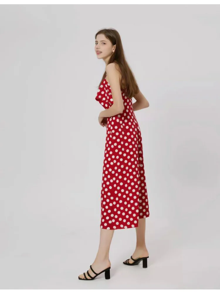 

Polka Point Jumpsuit Red Dress with Drawstring One Neck Bow Sexy Dress Long