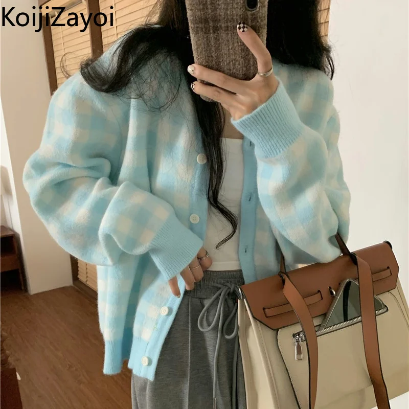 

Koijizayoi Knitted Women Plaid Sweet Cardigan Lady Japan Style Chic Autumn Winter Kardigan Casual Loose Sweater Dropshipping Top