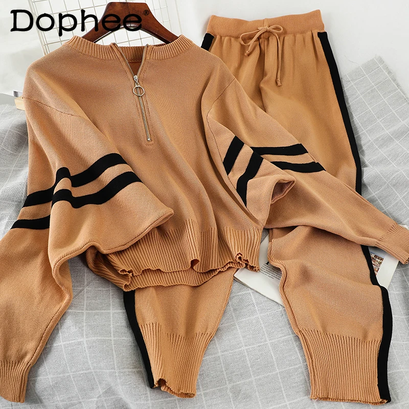 

Повседневный свитер, наряды, свободный Трикотажный свитер с длинным рукавом «летучая мышь» на молнии, кофта и вязаные штаны-шаровары, компл...