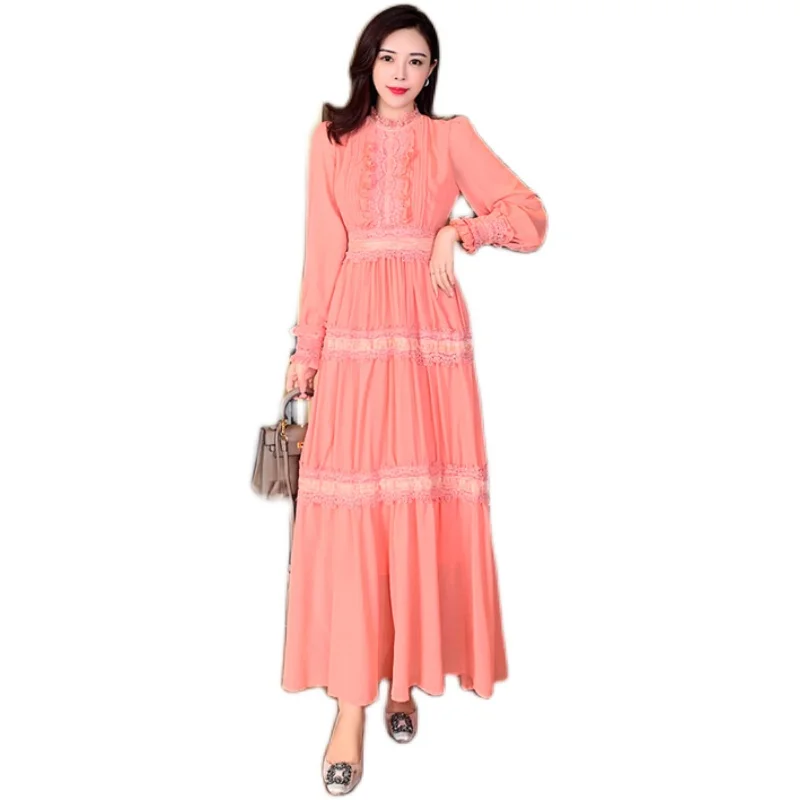 

2021 New Summer Runway Ruffles Dress Spring Women Vintage Flower Embroidery Chiffon Beach Dresses Long Maxi Vestidos Holiday