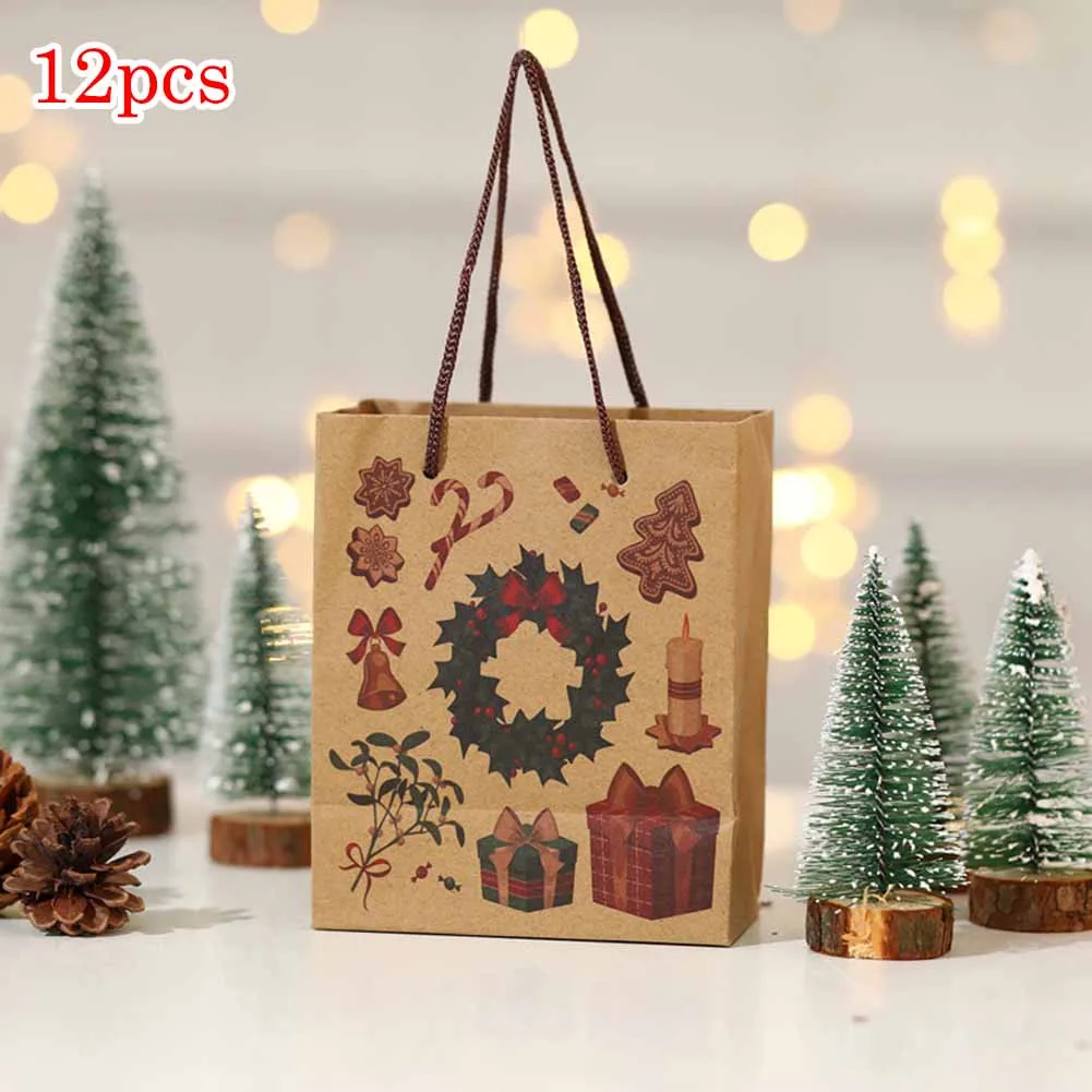 

12pcs Small Christmas Gift Bags Wrapping Present Party Bag Kraft Paper Santa Snowman Wreath Print Xmas Bags With Handles
