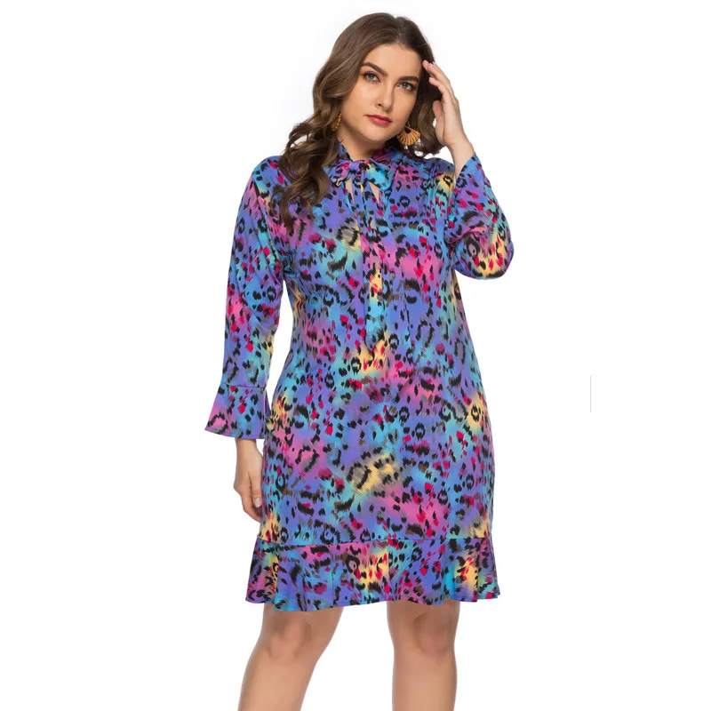 

Summer Autumn Plus Size Women's Dress Elegant V-neck Colorful Leopard Long Sleeves Office Ladies Vintage Oversize Basic Dress