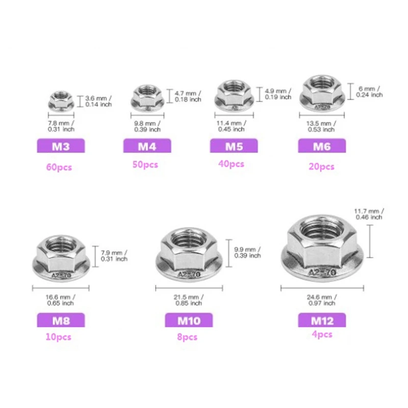 

192Pcs Hexagon Flange Nuts ortment Kit M3 M4 M5 M6 M8 M10 M12 304 Stainless Steel Metric Flange Nuts Set