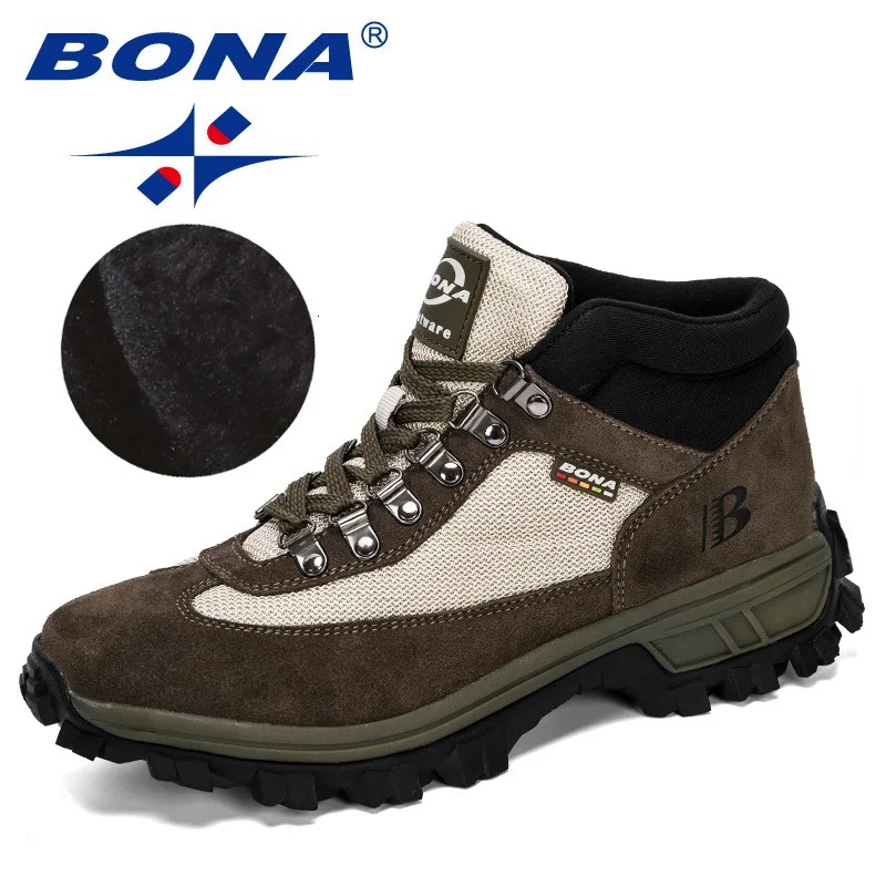 Army green Beige BONA/; Мужская походная обувь; сезон осень-зима; кожаные ботинки с высоким берцем; походная обувь для охоты; мужские кроссовки; походные уличные кроссовки - Цвет: Army green Beige