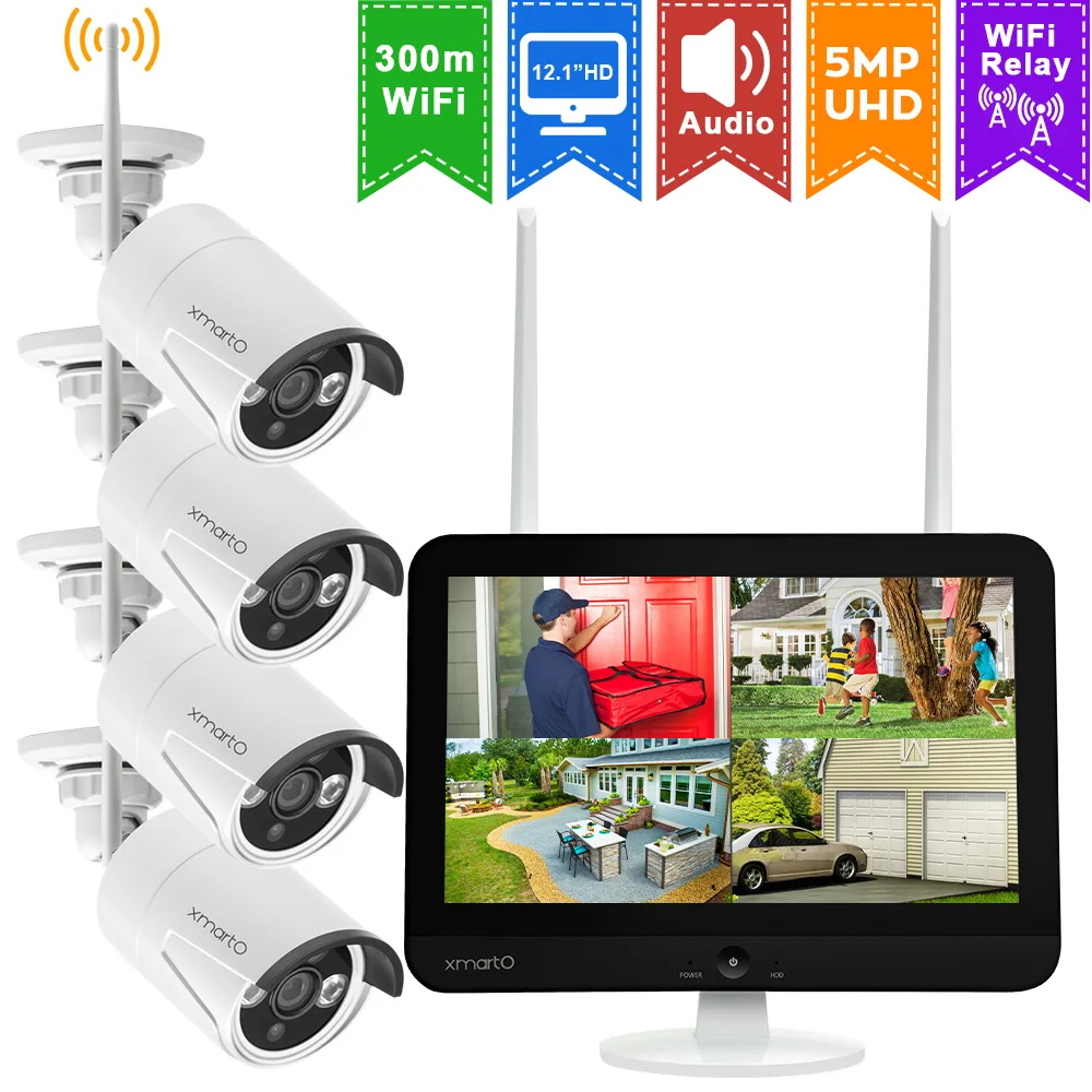 XMARTO 12.1 дюймовый беспроводной система видеонаблюдения c экраном (8CH 5МП Ультравысокое разрешение NVR 2K HD WiFi камеры Жесткий диск и Облачное хранилище) on.