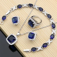 925 silver jewelry sets square blue sapphire costume for women hoop earrings rings bracelet necklace set dropshipping