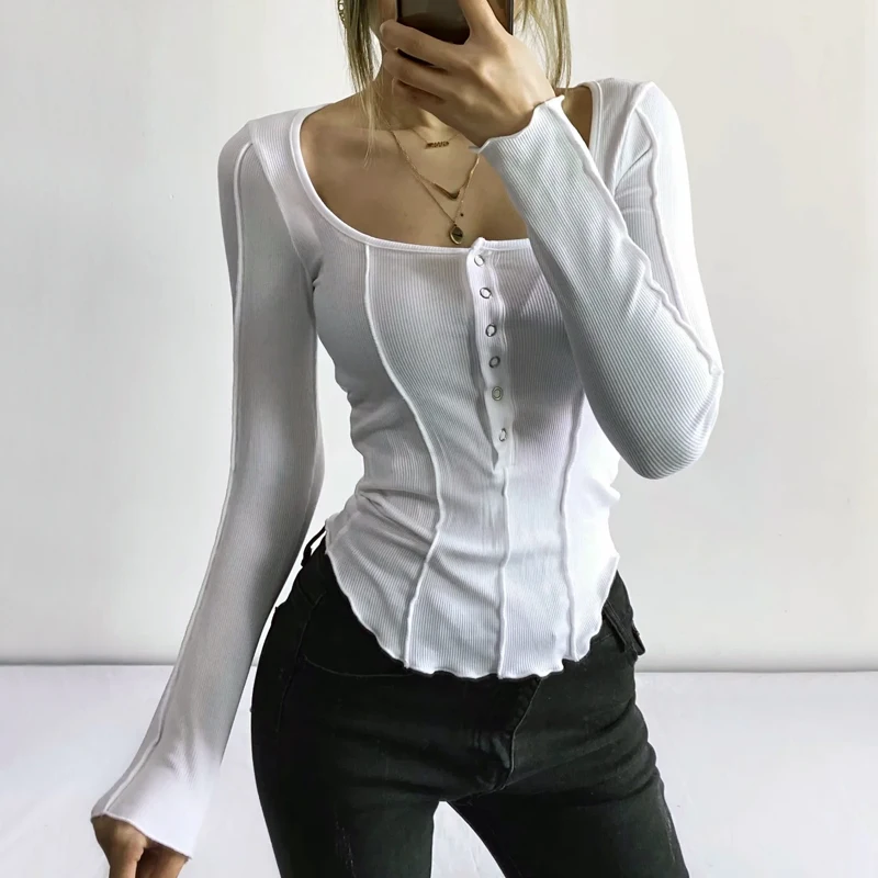 

Women Exposed Seams Long Sleeve Top Curved Hem Fitted Long Sleeve T-shirt With Button Detail