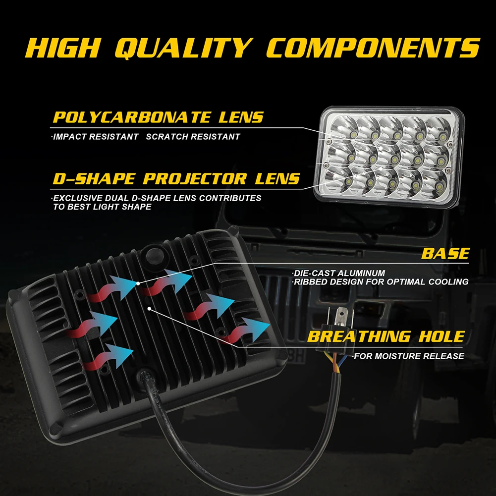 4x6 Inch 180W Car Headlight Square 15LED High Lumen 6000K White Driving Lights Hi/Lo Beam Waterproof For Jeep Chevy Pickup Truck |