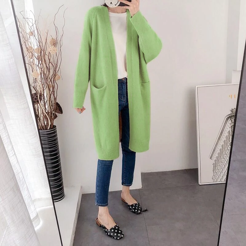 

Medium and Long kintted coat double Pocket cardigan sweater women's 2020 New loose Korean causal autumn winter top K322