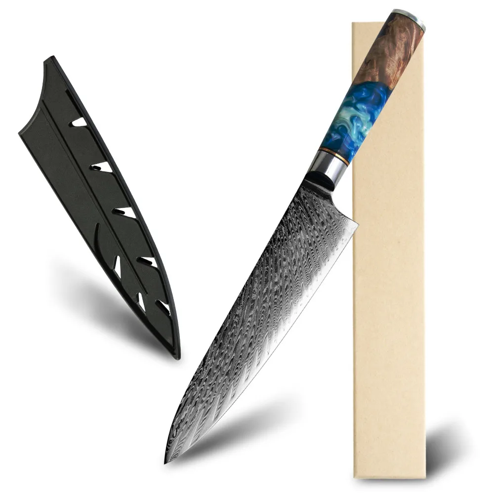 

Japanese Vg10 Damascus Steel Kitchen Knife Blue Resin +Color Wood Handle Gift Box Cover Chef Knife Cleaver Santoku Cook Tool