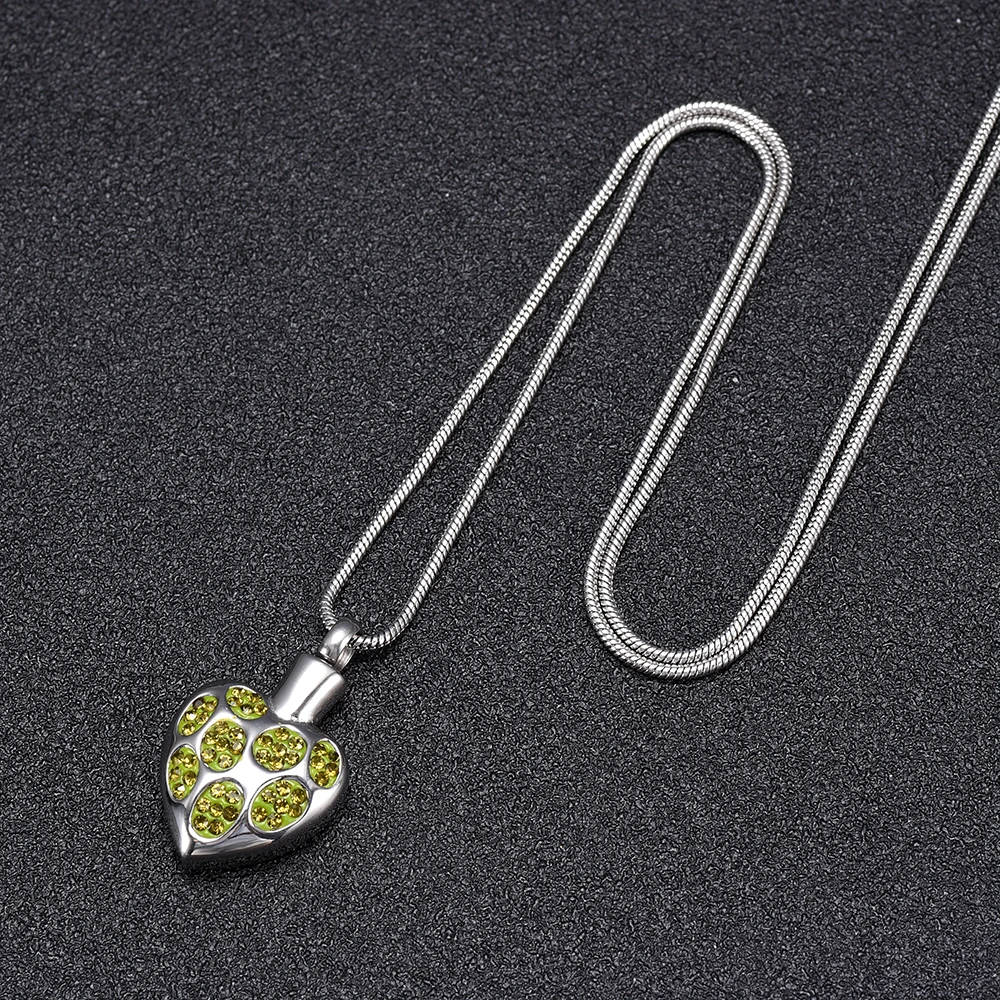 

IJD9388 Stainless Steel Green Crystal Heart Cremation pendant Necklace hold Ashes Memorial Keepsake Jewelry