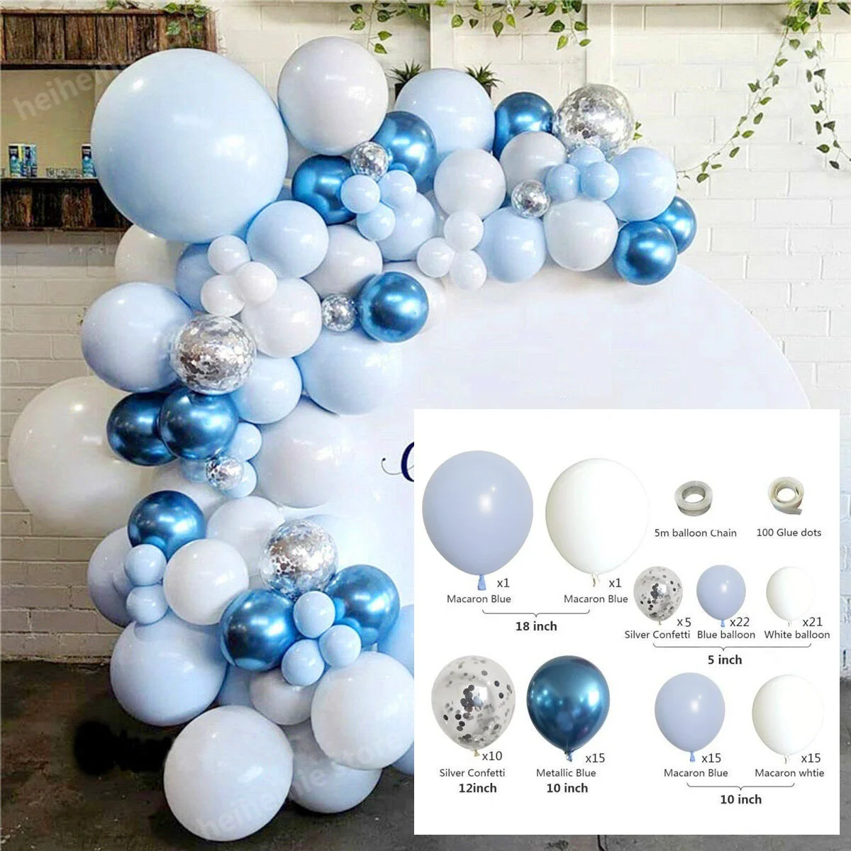 

107pcs Blue Set Agate Marble Balloons Silver Confetti Balloon Wedding Valentine's Day Baby Shower Birthday Party Decorations