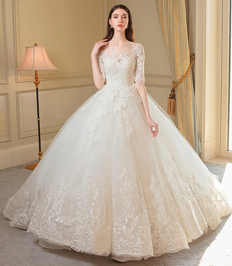 floor length Сексуальное бальное платье с круглым вырезом и Королевским шлейфом цвета слоновой кости, свадебное платье, роскошные кружевные свадебные платья принцессы с коротким рукавом на шнуровке - Цвет: floor length