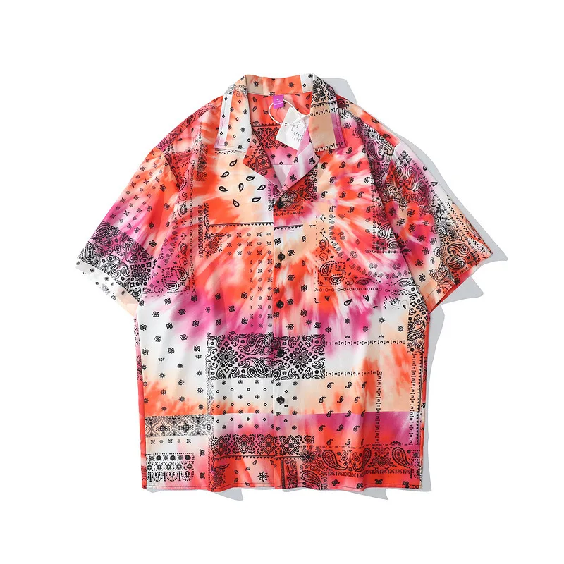 

Tkpa summer tie dyed cashew short sleeve shirt men's fashion hip hop loose casual half sleeve shirt couple