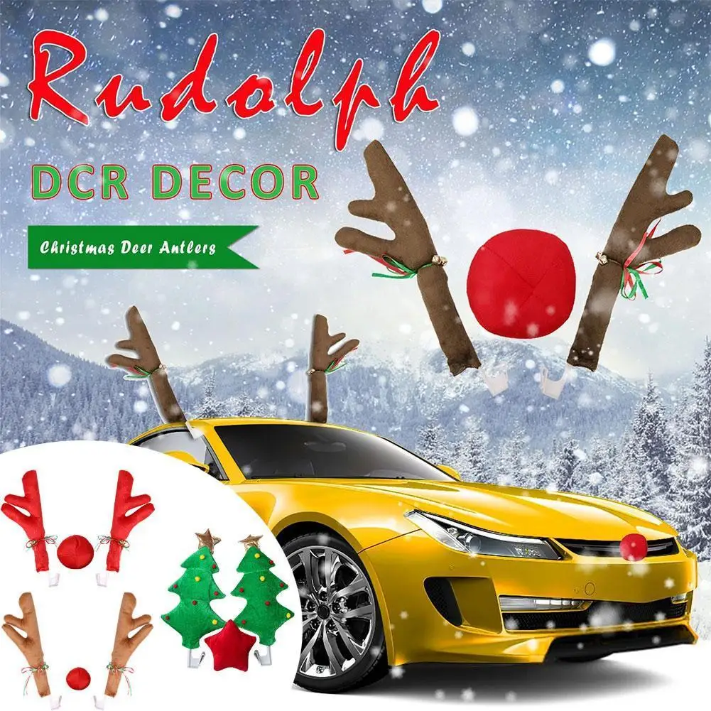 Christmas Car Decor Truck Costume Reindeer Deer Antlers & Red Nose for Truck SUV Decor Xmas Rudolph Elk Vehicle Decoration