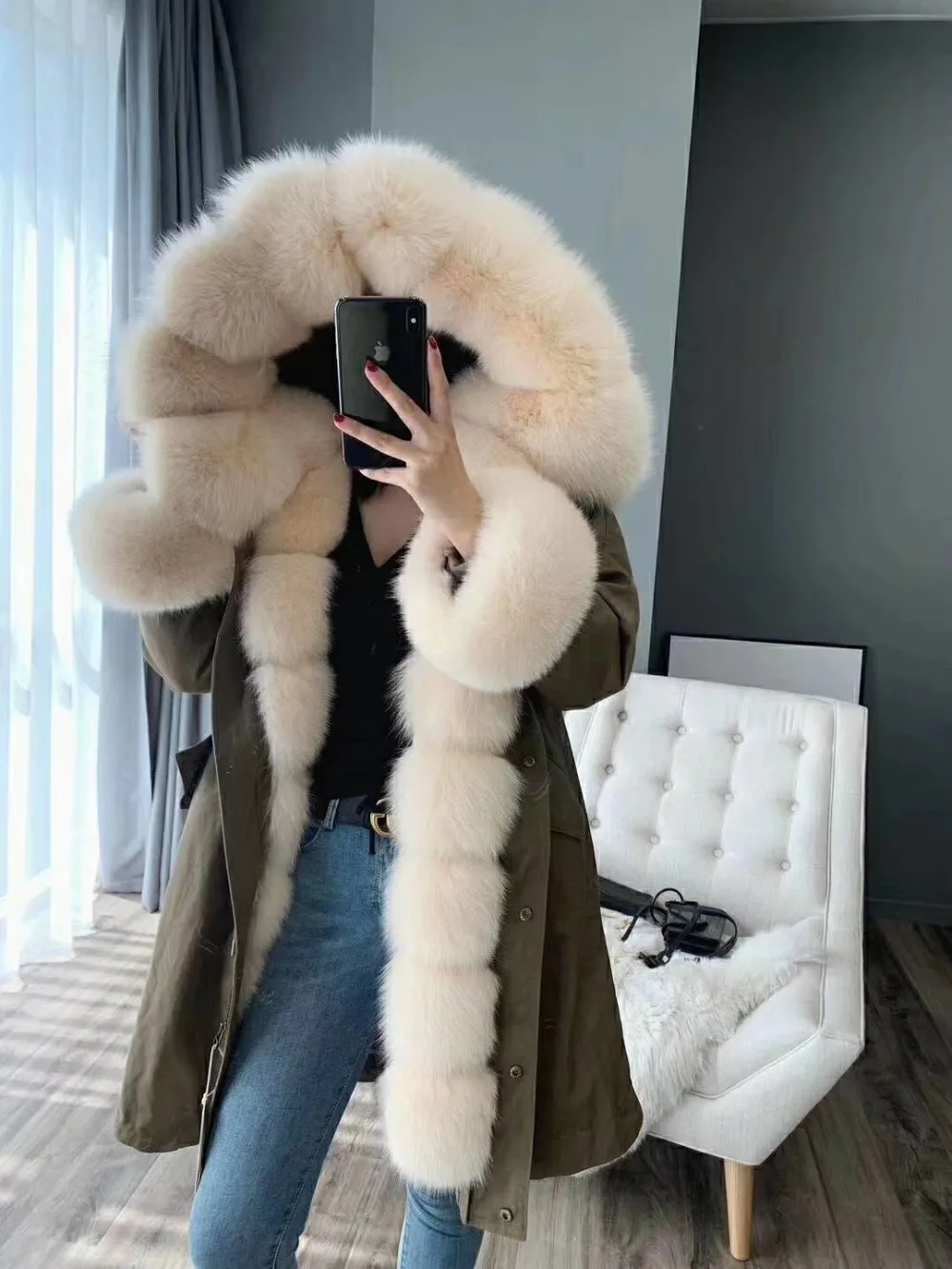 Пальто из натурального меха зимняя куртка женская длинная парка натуральный Лисий меховой капюшон, воротник Рекс подкладка из кроличьего меха Съемная уличная