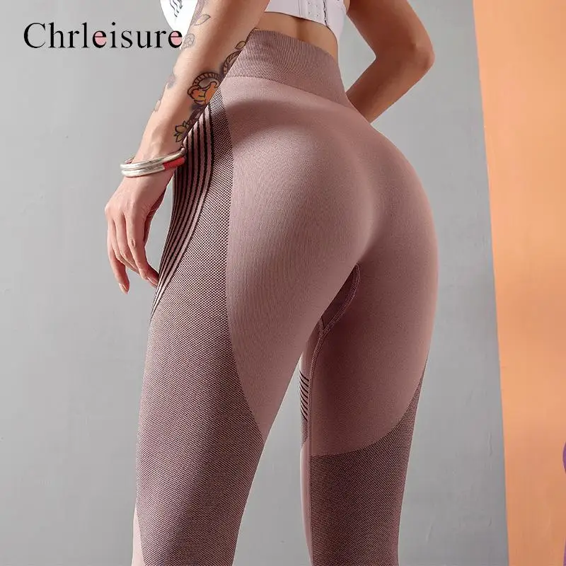 Chrleisure фитнес высокая талия Бесшовные женские леггинсы повседневные в полоску