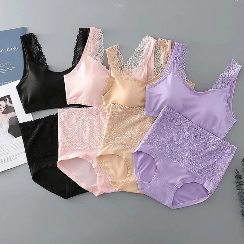 

Women Bra Brief Sets Panties Seamless Underwear Sports Female Wire Free Push Up Bra Breathable Lace Wear Sexy Lingerie Set 2021