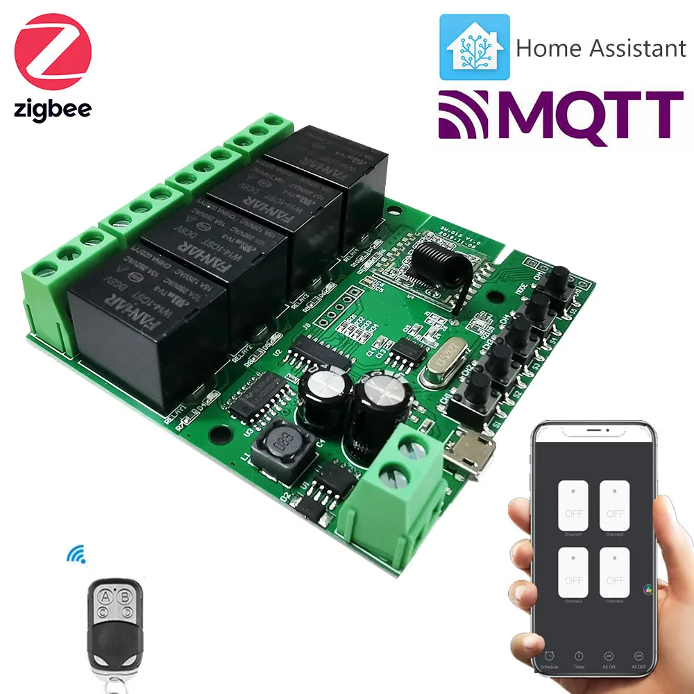 4-канальный умный релейный выключатель ZigBee для гаражных дверей совместимый с Philips