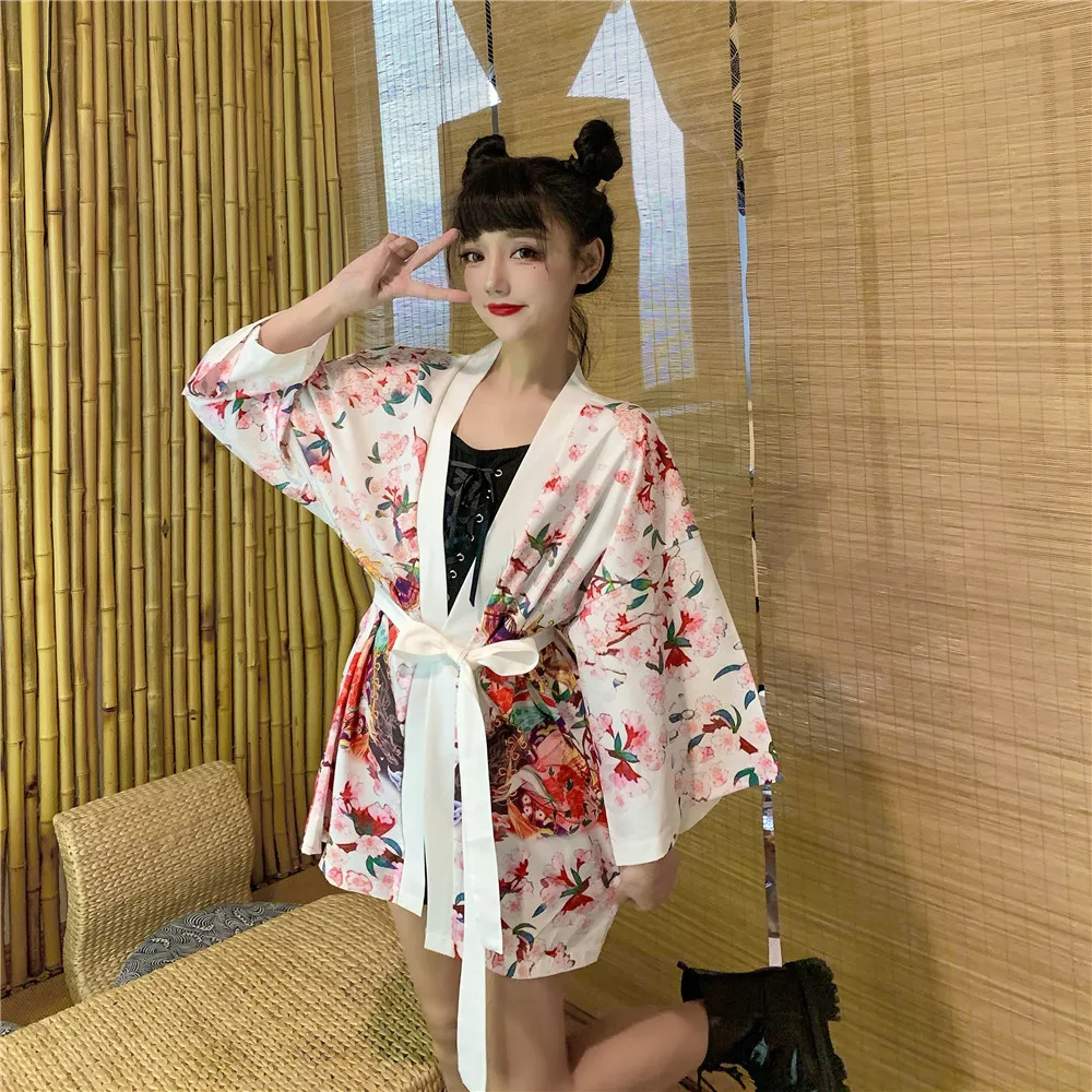 

New Fashion Harajuku Japanese Kimono 2021 White Black Men and Women Cardigan Blouse Haori Obi Asian Clothes Samurai